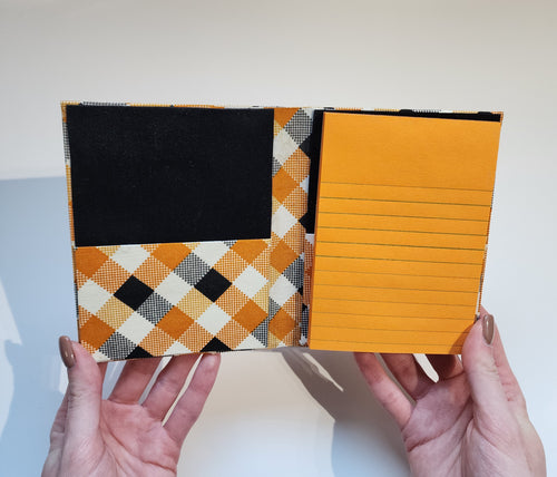 3x5 Refillable Notepad Holder Orange and Black Checker