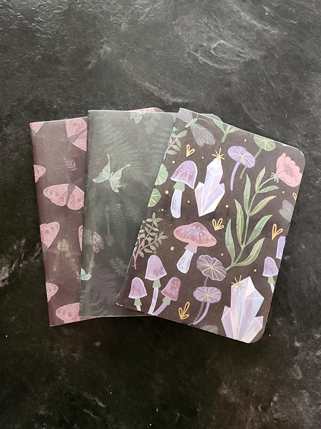 Set of 3 4x5 Softcover Notebooks Blue Crystals, Pink Moths and Green Leaves