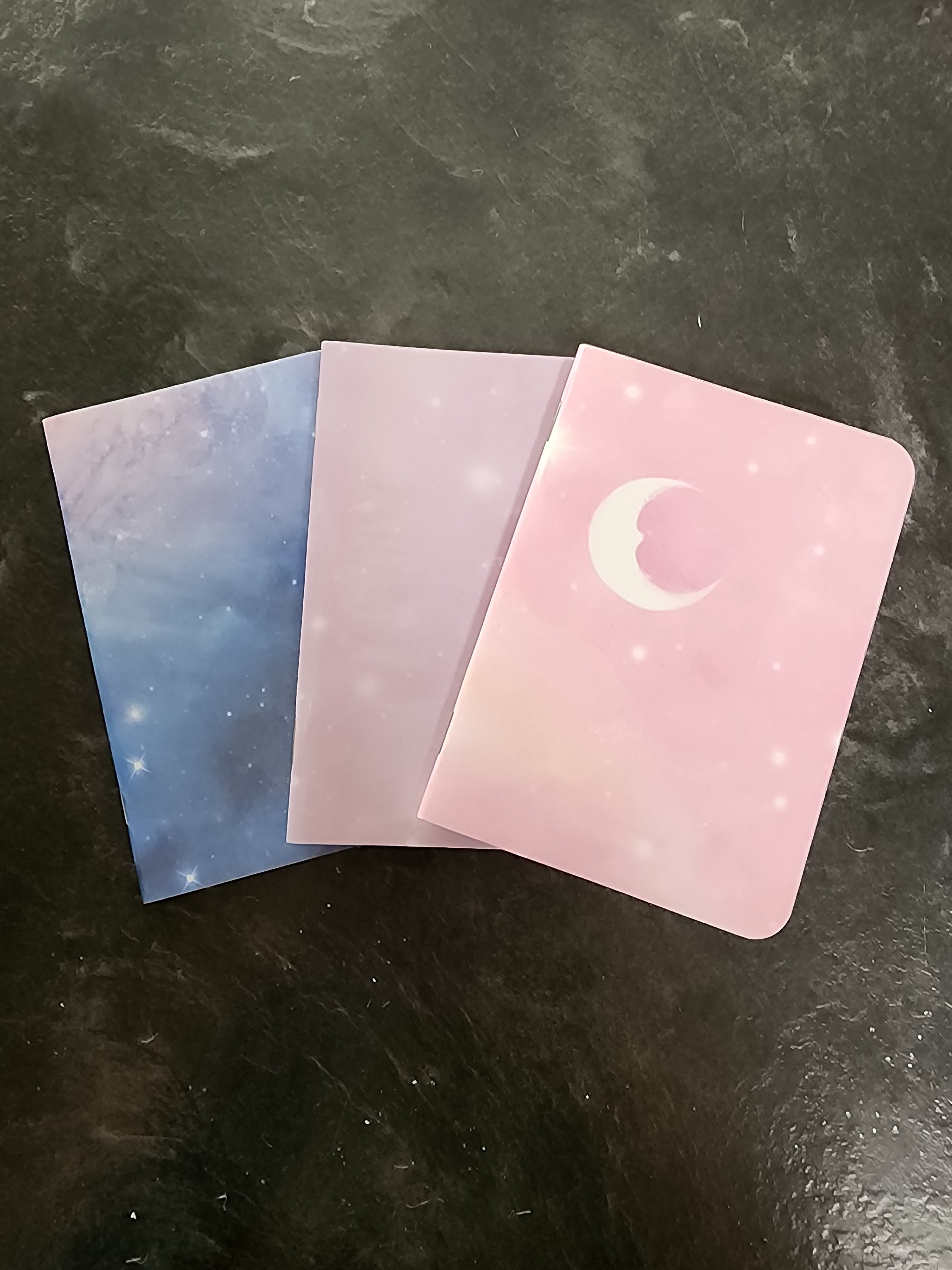 Set of 3 4x5 Softcover Notebooks Pink Moon, Blue and Purple Space