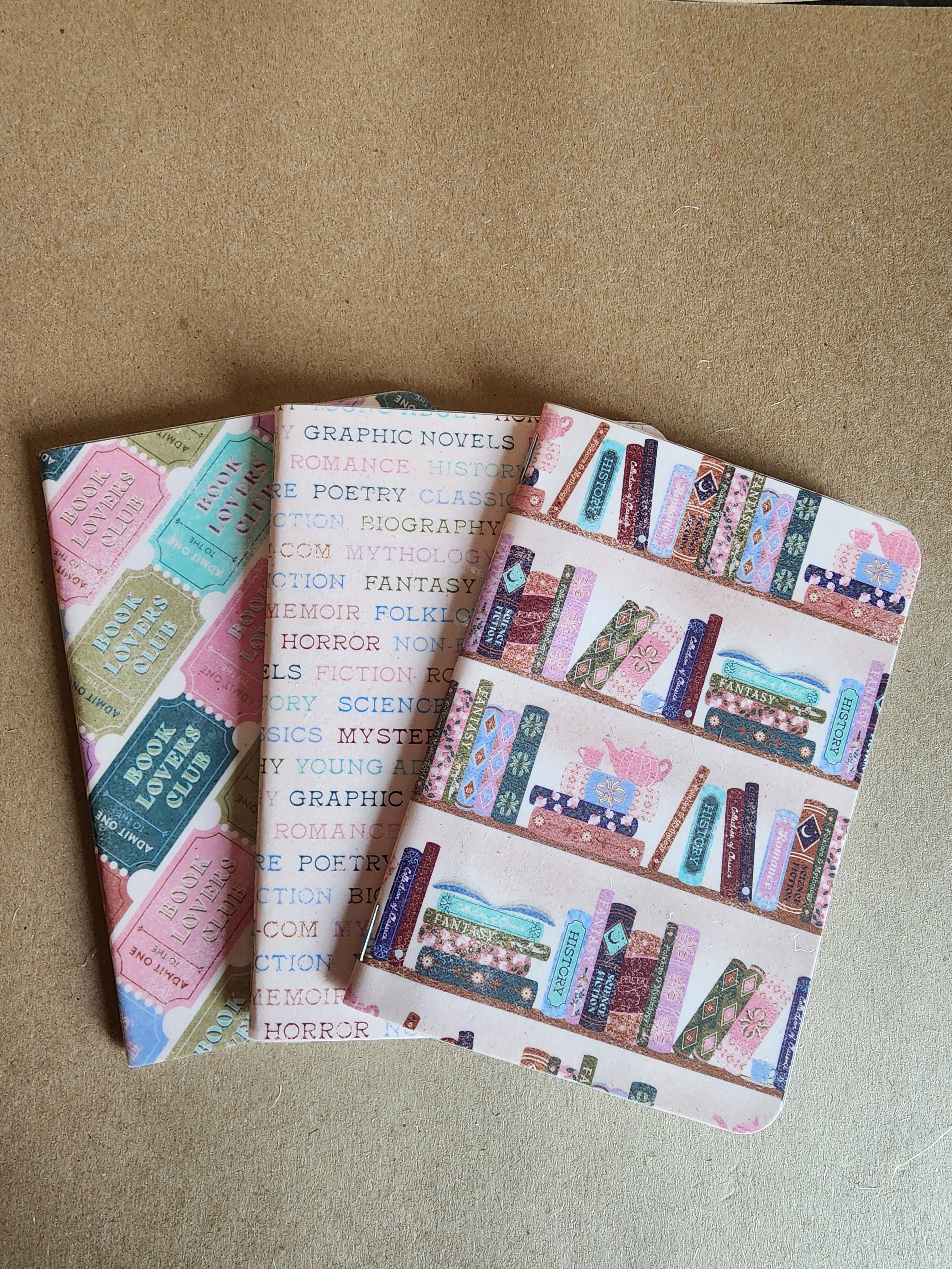 Set od 3 4x5 Softcover Notebooks Pink Books, Book Sayings and Book Tickets