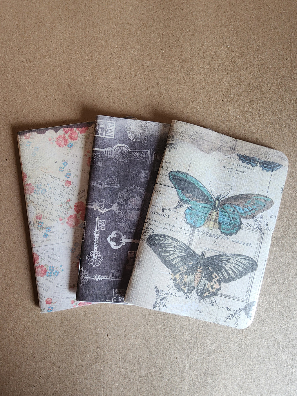 Set of 3 4x5 Softcover Journals Vintage Butterfly, Keys and Flowers