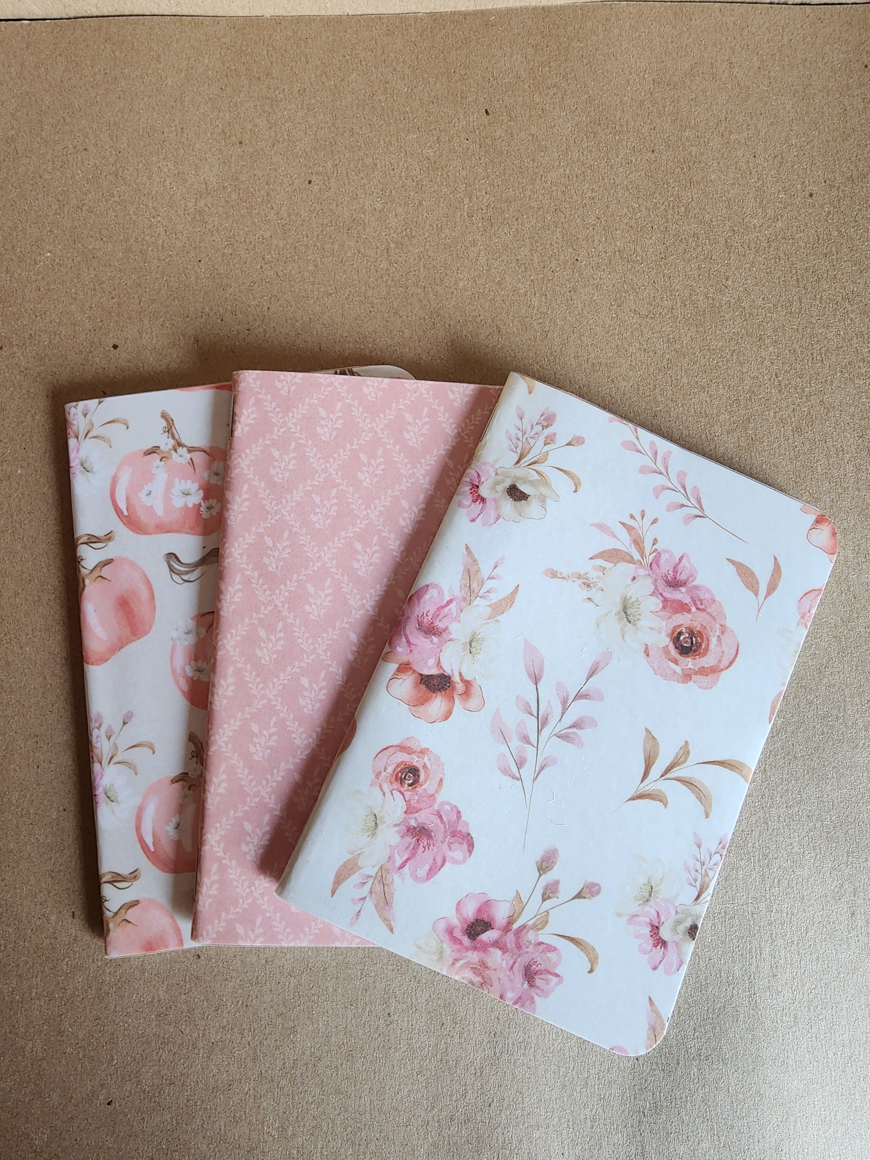 Set of 3 4x5 Softcover notebooks Pink Roses, Pink Vines, Pink Pumpkins