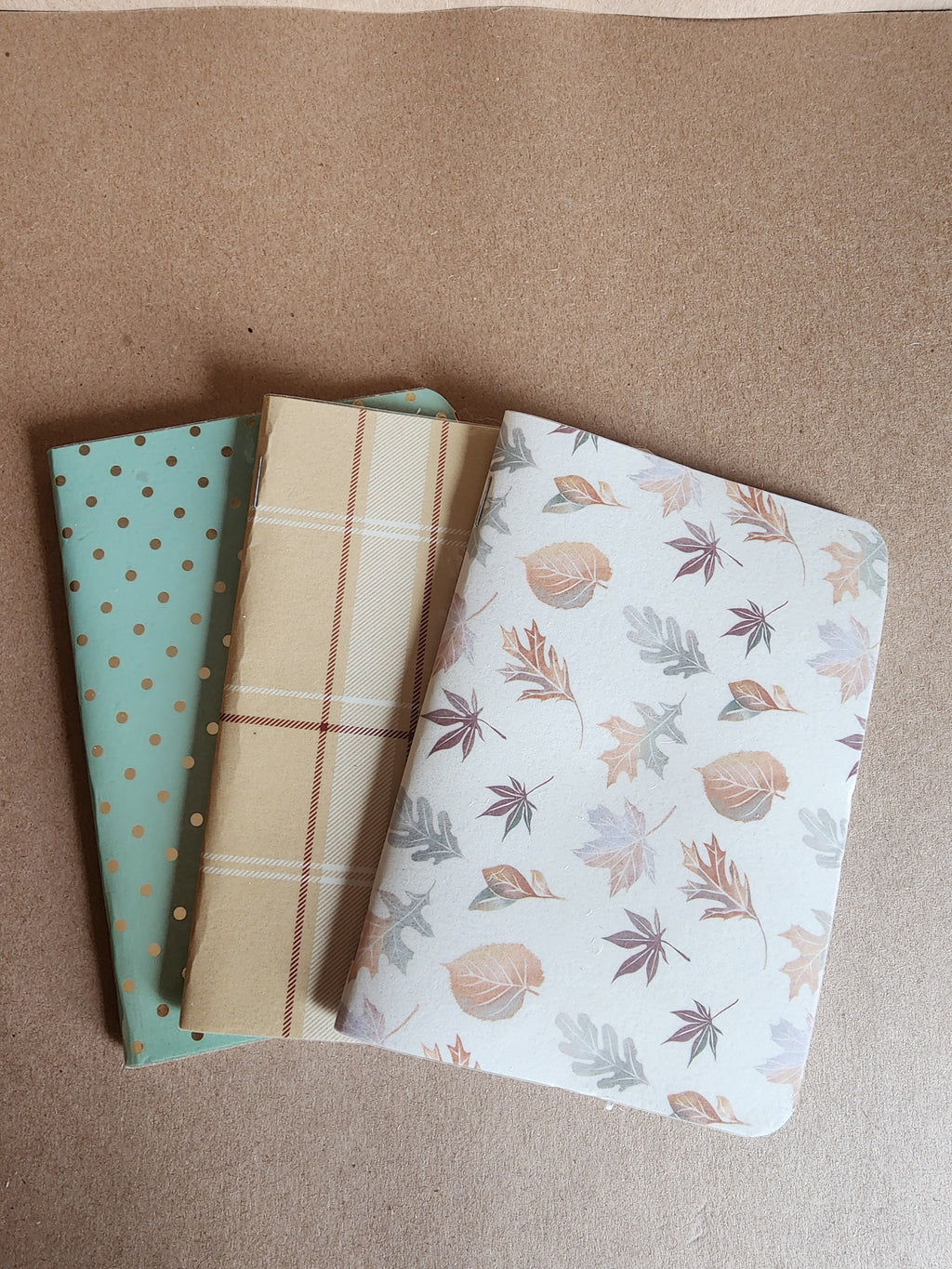 Set of 3 4x5 Softcover Notebooks Fall Leaves, Green Dots and Tan Plaid